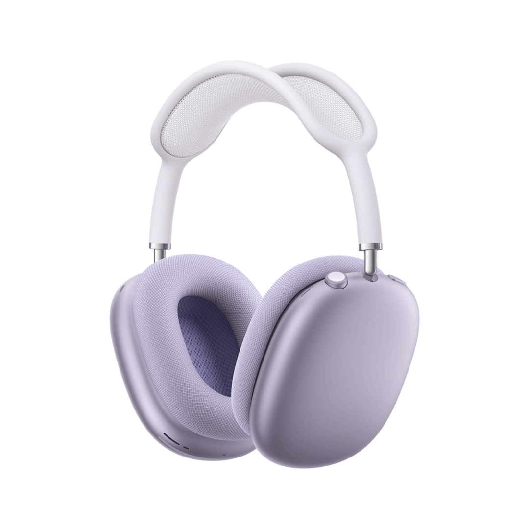 Unos audífonos AirPods Max de color violeta, vistos de frente y ligeramente en ángulo. Cuentan con almohadillas afelpadas y una diadema de malla transpirable del mismo color. Los audífonos están en una posición que sugiere que están listos para ser usados, con la diadema ligeramente arqueada.
