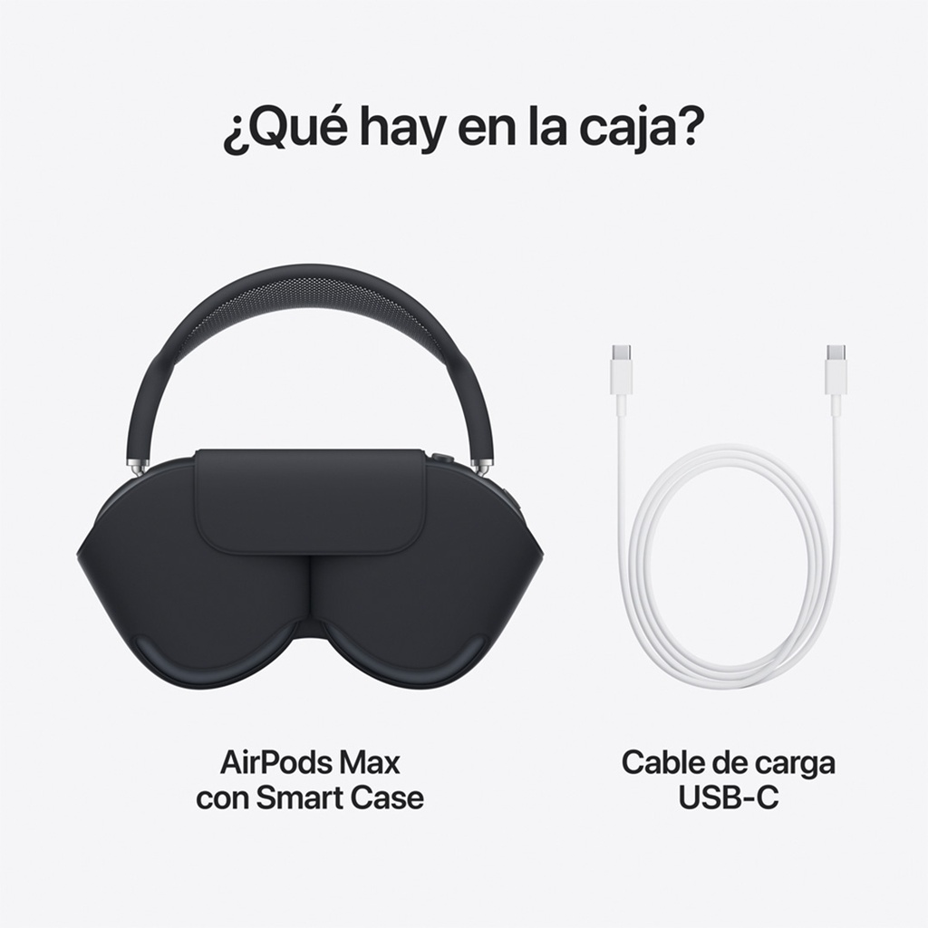 Composición de dos paneles que muestran el contenido de la caja de los AirPods Max.  Panel izquierdo: Unos audífonos AirPods Max, plegados dentro de su funda Smart Case. La Smart Case tiene una forma peculiar que protege los auriculares. Abajo se lee 'AirPods Max con Smart Case'.  Panel derecho: Un cable de carga USB-C blanco, enrollado en un círculo con los dos conectores USB-C visibles. Abajo se lee 'Cable de carga USB-C'.
