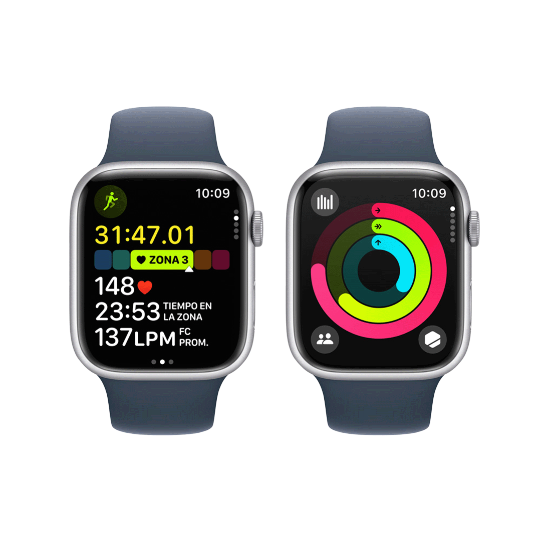 Apple Watch Series 9 GPS - 45mm - Caja de Aluminio Plata con Banda Deportiva Azul Tormenta - S/M