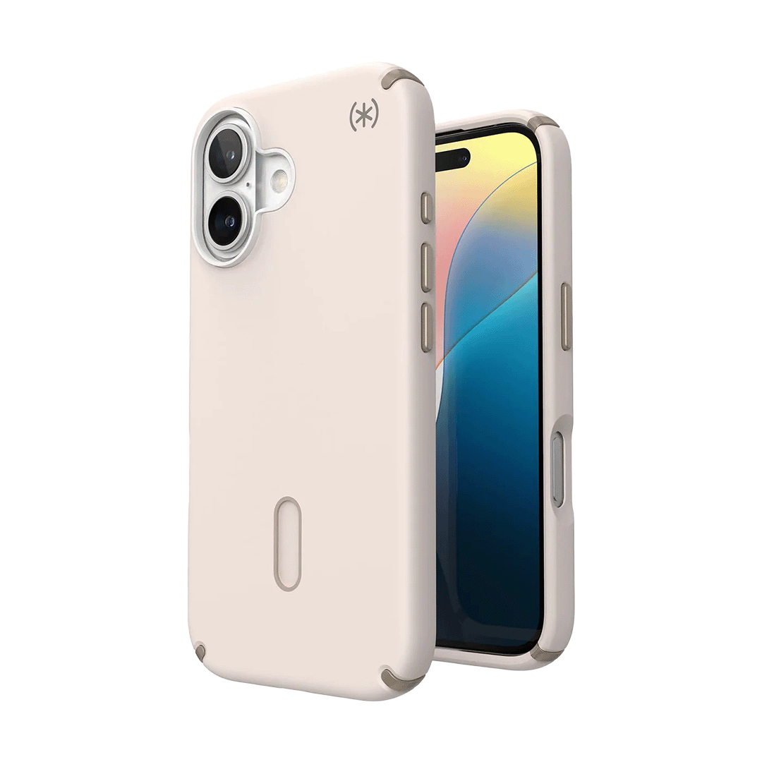 Speck Presidio 2 Pro Funda con ClickLock para iPhone 16 - Blanco Hueso/Dorado Reliquia/Marrón Avellana